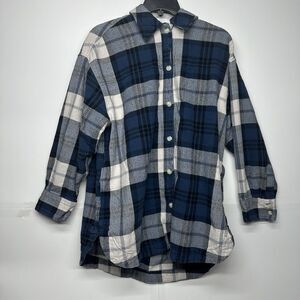 H&M Oversized Shirt Jacket Womens Small Blue White Plaid Shacket Cotton Pockets